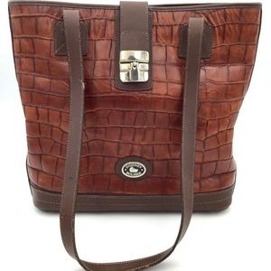 Vintage Dooney & Bourke Brown Croc Style Leather Tote with Silver Accents EUC
